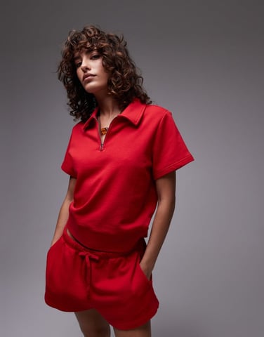 ARKET quarter zip short sleeve polo in red