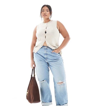 ASOS DESIGN Curve high rise relaxed mom jeans in lightwash with knee rips