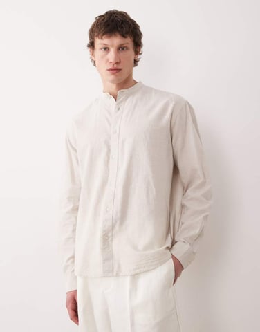 Selected long sleeve grandad collar linen blend shirt in cream