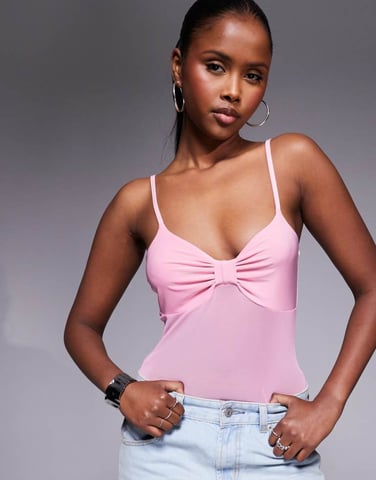 ASOS DESIGN slinky twist bust mesh bodysuit in baby pink
