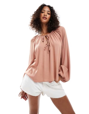 Miss Selfridge tie front balloon sleeve boho blouse in chocolate