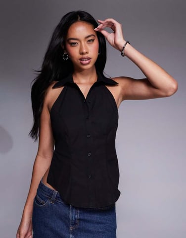 ASOS DESIGN halterneck tie back sleeveless shirt in Black