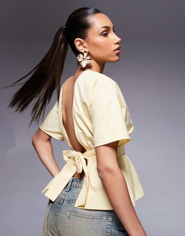ASOS DESIGN tie waist open back blouse in buttermilk