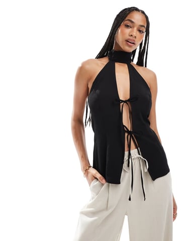 ASOS DESIGN tie detail halter top in black