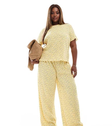 Pieces Curve mini plisse wide leg trouser co-ord in ditsy yellow flower print