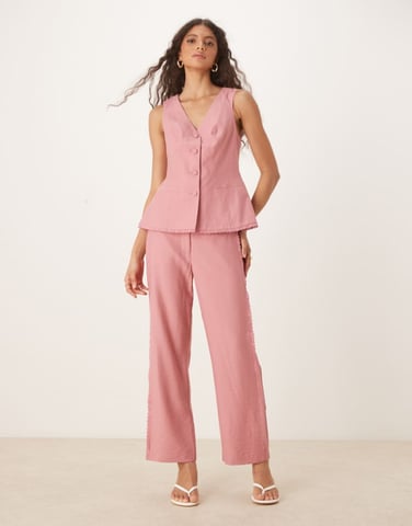 ASOS DESIGN tailored relaxed straight trousers with lace insert co-ord in pink