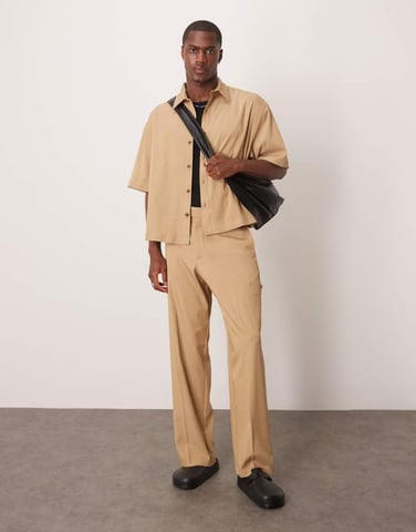 ASOS DESIGN smart co-ord wide leg cargo trousers in camel peach feel texture