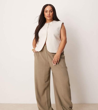 ASOS DESIGN Curve relaxed straight leg trousers with linen in khaki