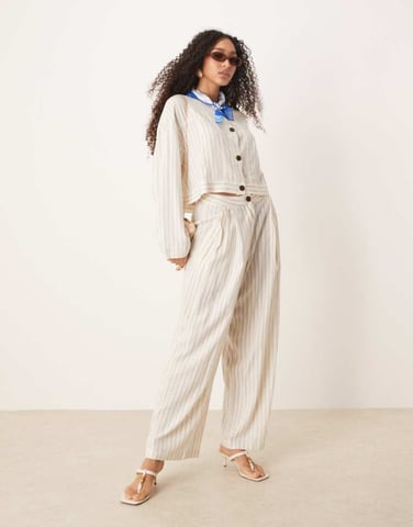 AWARE linen touch wide leg trouser co-ord in white pinstripe