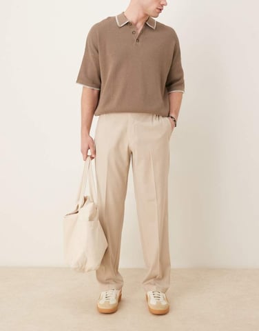 ASOS DESIGN smart straight leg trousers in camel linen look with elasticated waist