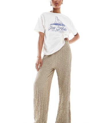 ONLY Tall textured wide leg trousers in beige