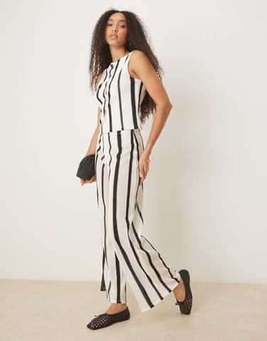 ASOS DESIGN co-ord textured crochet semi sheer wide leg trouser in black and white stripe