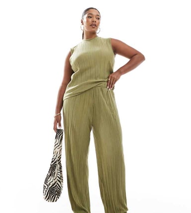 Vero Moda Curve plisse trouser co-ord in khaki