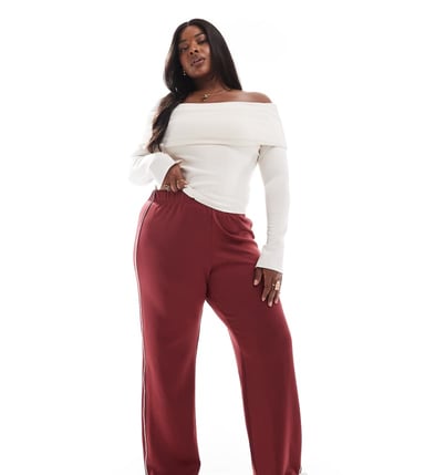 ONLY Curve straight leg trouser with contrast piping in burgundy