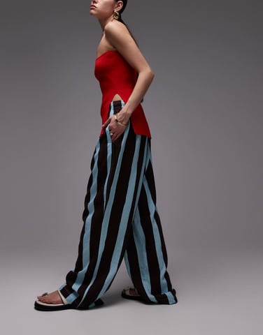 Topshop linen balloon trouser in turquoise bold stripe