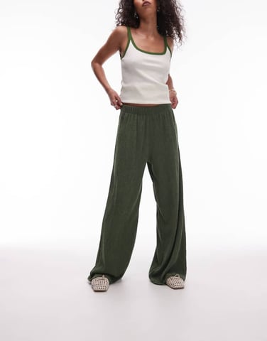 Topshop textured wide leg trousers in khaki