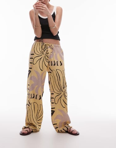 Topshop linen straight leg buttermilk abstract print trouser in mono