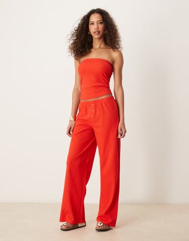 ASOS DESIGN wide leg waffle trouser in red