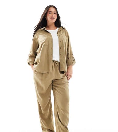 ONLY Curve linen mix pull on trousers co-ord in light khaki