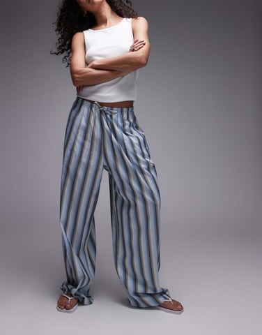 Topshop poplin tie waist stripe straight leg trouser in blue