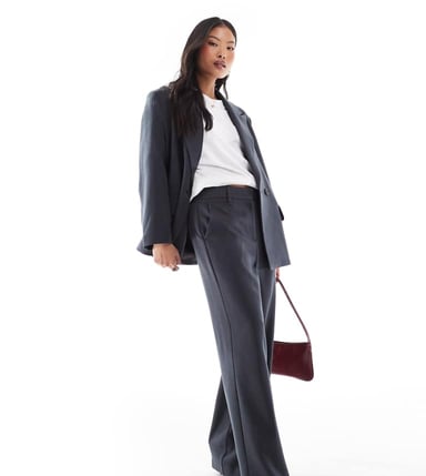 Vero Moda Petite tailored herringbone wide leg co-ord trousers in dark grey melange