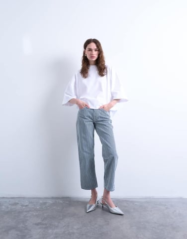 Topshop stripe cropped mid rise straight leg trouser in blue