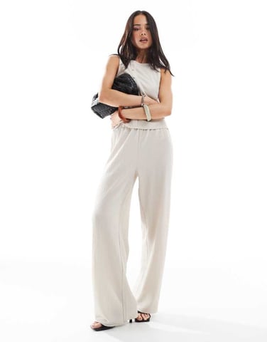 Vero Moda textured jersey wide leg trouser co-ord in beige