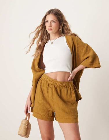 ASOS DESIGN cheesecloth pull on shorts with raw edge detail co-ord in olive