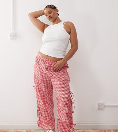 Noisy May Curve wide leg tie detail trouser in red gingham