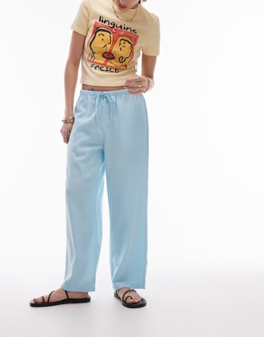 Topshop mid rise linen awkward length trouser in powder blue