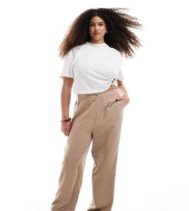 ASOS DESIGN Curve relaxed straight leg trousers with linen in mocha