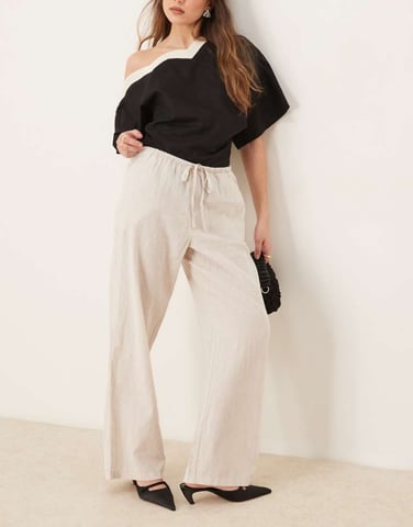 Gina Tricot wide leg linen blend trousers with drawstring waist in beige