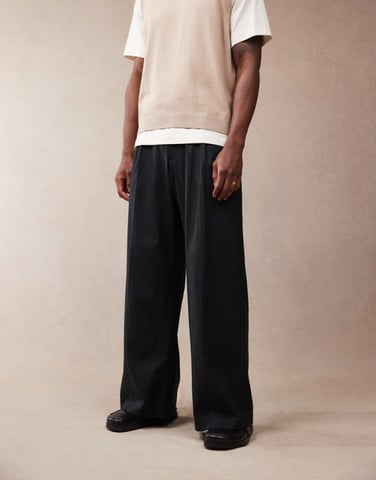 ASOS DESIGN smart loose leg linen blend trousers with front pleat in black
