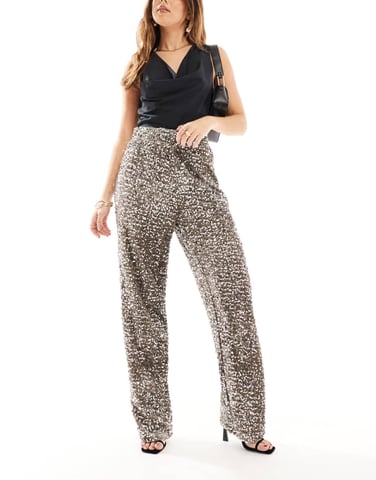 Pieces wide leg velour sequin trouser in taupe