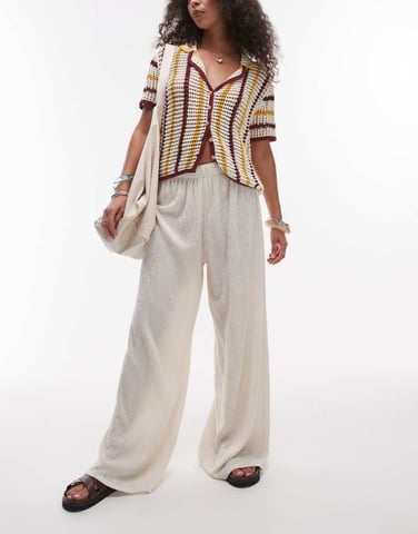 Topshop textured wide leg trousers in stone