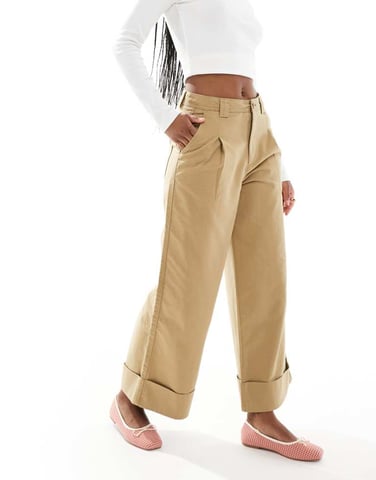 ASOS DESIGN brushed wide leg turn up ankle grazer in stone