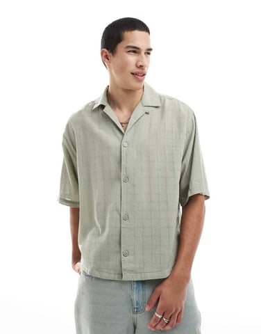 ONLY & SONS relaxed fit textured revere collar shirt in light sage