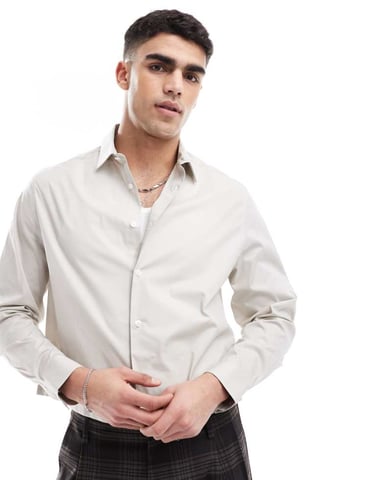 ASOS DESIGN formal poplin regular shirt in stone