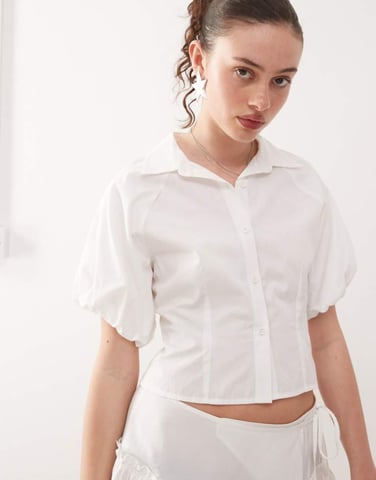 COLLUSION puff sleeve cinched shirt co-ord in white