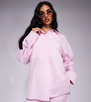 Kaiia exclusive cotton blend oversized button through poplin shirt co-ord in pink stripe