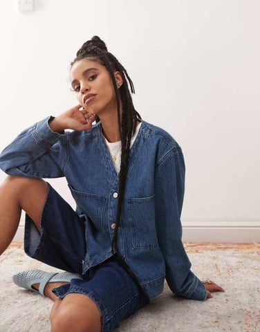 Reclaimed Vintage denim baseball shirt in mid wash blue