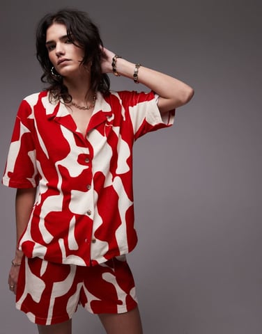 Topshop abstract print towelling boxy shirt co-ord in red