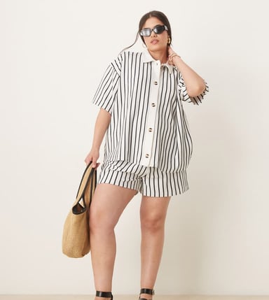 ASOS DESIGN Curve texture stripe short co-ord in cream and navy stripe
