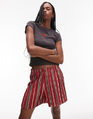Topshop stripe plisse wide leg shorts in red