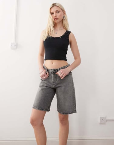 Weekday low waist knee length denim shorts in washed dark grey
