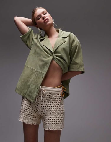 Topshop knitted stitchy shorts in stone