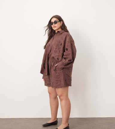 ARRANGE Curve cotton mirrored floral embroidered cutwork shorts co-ord in chocolate