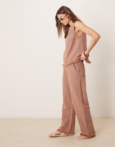 ASOS DESIGN linen blend straight leg trousers with tassel hem co-ord in mocha
