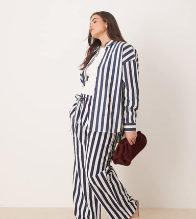 ASOS DESIGN Curve linen look pull on trousers in navy stripe co-ord