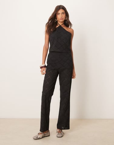 ASOS DESIGN straight leg trousers co-ord with geo cutwork in black